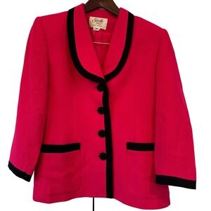 Vintage‎ Saville Petites Hot Pink Black Trim Blazer Jacket 10P Wool Blend